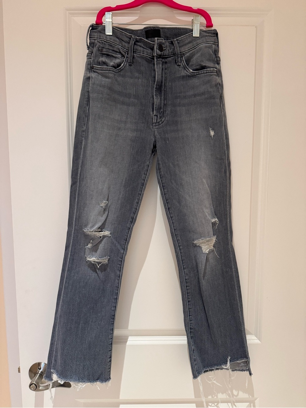 Mother High-Rise Distressed Straight-Leg Jeans - Gray Size 26
